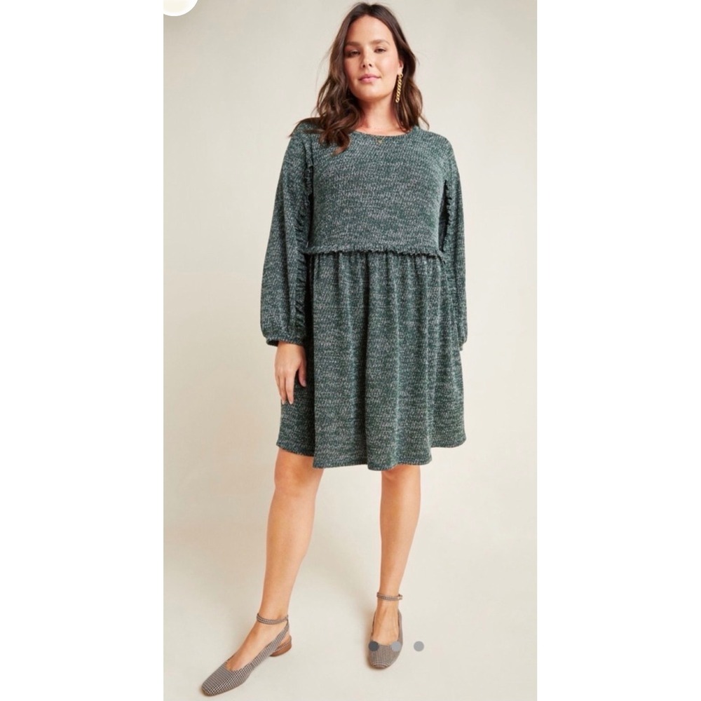 Anthropologie Plus RO & DE Ruffle Trim Knit Dress 2X Dark Green Long Sleeve NWT